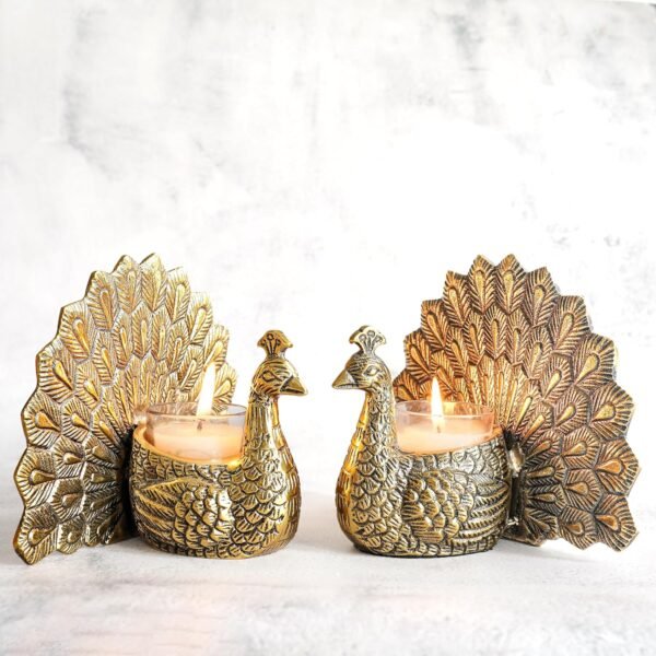 BEHOMA Aluminium Dancing Peacock Figurine Pair for Love & Good Luck | Home Décor Tabletop Showpiece with Scented Votive Candles | Valentine, Anniversary & Wedding Gift for Couples | Set of 2, Gold