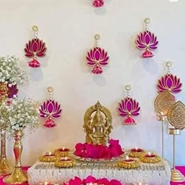 BENAVJI Presents Handmade MDF Wood Lotus Hangings Jhumki Style for Diwali Home Decor Temples Mandir Pooja Rooms All Festival Decorations Pink Color Lotus Pack of 6