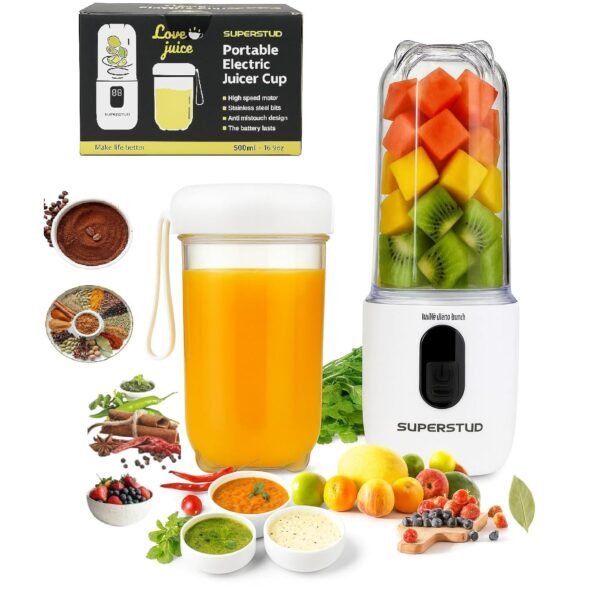 Blender Mixer Grinder | Mini Blender for Smoothies & Juices | 2-Jar Capacity (500ml*2) | 230W | 6 Blade || Type-C Charging & Battery Indicator | Auto-Stop After 40s (White)