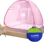 Classic Net for Double Bed Foldable Machardani Polyester 30GSM Strong Net PVC Coated Corrosion Resistant Steel Wire 1.King Size (Width 190cms to 210cms) Full Pink