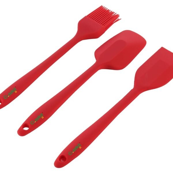 Clazkit Premium Silicone Non-Stick Spatula and Brush with Scraper for Cooking, Baking and Mixing with Stainless Steel Core, 3-Pieces,Red,Length 21cm