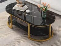 Coffee Table for Office, Dining, or Tea Room, Center Table for Living Room, Contemporary Simple Coffee Cocktail Table with Marble Desktop and Gold Metal Frame-Black Gold