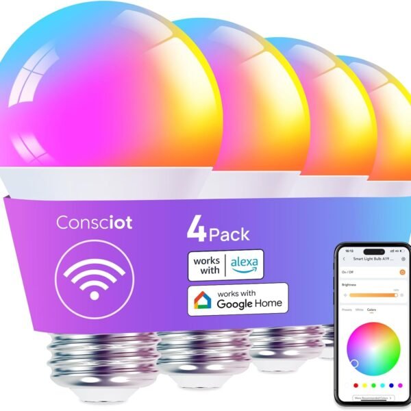 Consciot Smart LED Light, WiFi Color-Changing A19 E26 Lamp Compatible with Alexa & Google Home, 60W Equivalent, Music Sync, Dimmable, 4 Pack