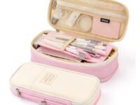 Corslet Big Storage Pencil Case/Office Organizer Bag, High Capacity Pen Pouch Holder with Multiple Compartments for School Supplies, Makeup, and Travel Accessories (Pink/Biege)