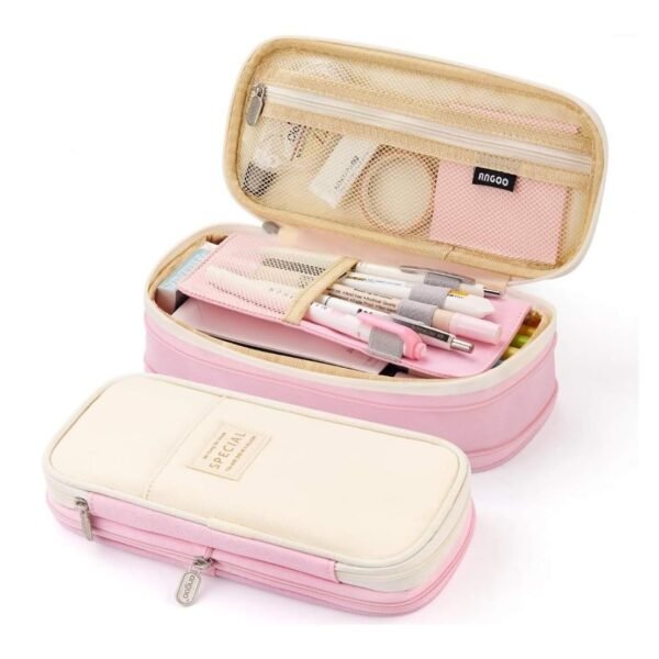 Corslet Big Storage Pencil Case/Office Organizer Bag, High Capacity Pen Pouch Holder with Multiple Compartments for School Supplies, Makeup, and Travel Accessories (Pink/Biege)