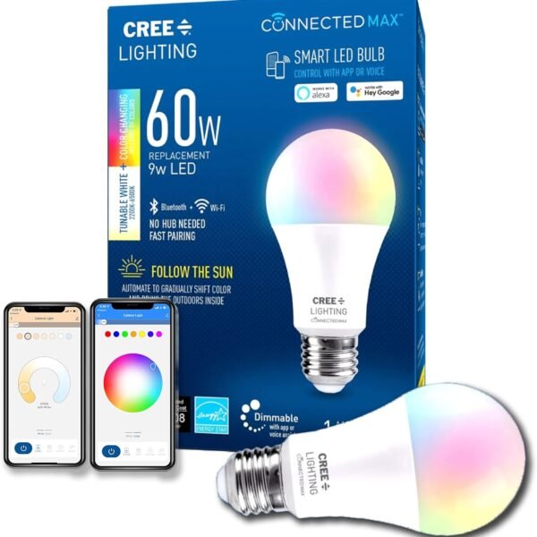 Cree Lighting Connected Max Smart Led Bulb A19 60W Tunable White + Color Changing, 2.4 Ghz, Works with Alexa and Google Home, No Hub Required, Bluetooth + WiFi, 1Pk