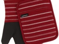 Cuisinart Kitchen Oven Mitt/Glove & Rectangle Potholder with Pocket Set w/Neoprene for Easy Gripping, Heat Resistant up to 500 Degrees F, Twill Stripe- Red Dahlia