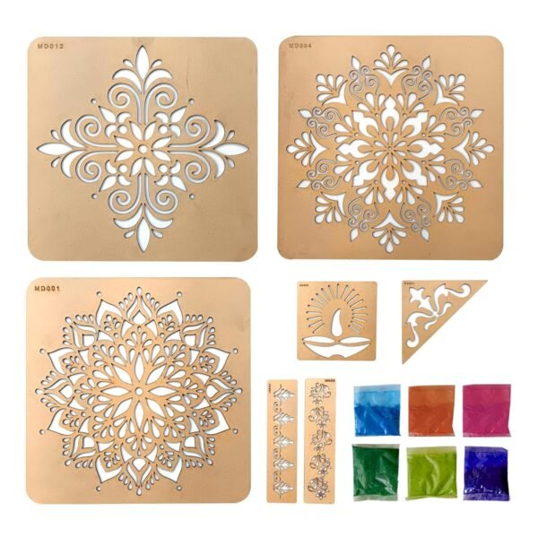 DIY Rangoli Designs Tools Kit with Rangoli Stencils Set - 6 Rangoli Color Set (Wood, 30x 30 cm) 3 in 1 Set, Rangoli Stencils Big Size