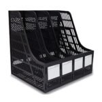 Desktop Magazine Holder Countertop Desk File Organizer 4 Compartments | Plastic Vertical File Dividers Book Holder & Cabinet Document Storage Rack (Black, Step Shelf)