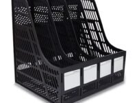 Desktop Magazine Holder Countertop Desk File Organizer 4 Compartments | Plastic Vertical File Dividers Book Holder & Cabinet Document Storage Rack (Black, Step Shelf)