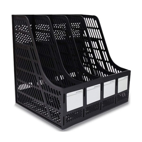 Desktop Magazine Holder Countertop Desk File Organizer 4 Compartments | Plastic Vertical File Dividers Book Holder & Cabinet Document Storage Rack (Black, Step Shelf)