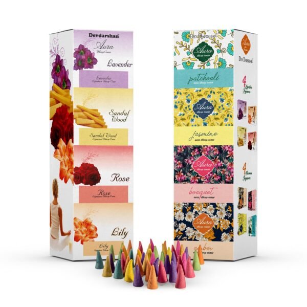 Devdarshan Aura Dry Dhoop Cones | Pack of 24 Boxes (40g Each) | 8 Fragrances: Lily, Sandal, Rose, Lavender, Patchouli, Amber, Jasmine & Bouquet | Soothing Aroma for Pooja & Festivals