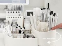 E-COSMOS® 360 Degree Rotating Desk Makeup Brush Organizers and Pencil Pen Organizers for Desk Desktop Storage Stationery Supplies Cute Pencil Cup Pot for Office School Home (White)