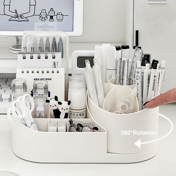 E-COSMOS® 360 Degree Rotating Desk Makeup Brush Organizers and Pencil Pen Organizers for Desk Desktop Storage Stationery Supplies Cute Pencil Cup Pot for Office School Home (White)