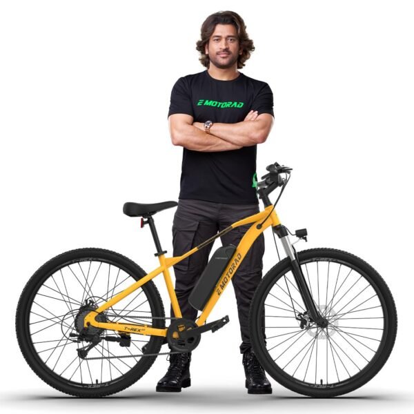 EMotorad T-REX AIR Unisex Electric Bicycle 29" Wheel Size 16.5" Sturdy High Tensile Steel Frame 250W BLDC Motor Front Suspension 7 Speed Shimano Gears (Suncrest Yellow, 29" Wheel)