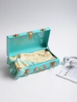 Elan VINTAGE STYLE METAL LONG TRUNK, DECORATIVE BOX, STORAGE CHEST, OFF AQUA WITH GOLD LATCHES