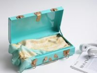 Elan VINTAGE STYLE METAL LONG TRUNK, DECORATIVE BOX, STORAGE CHEST, OFF AQUA WITH GOLD LATCHES