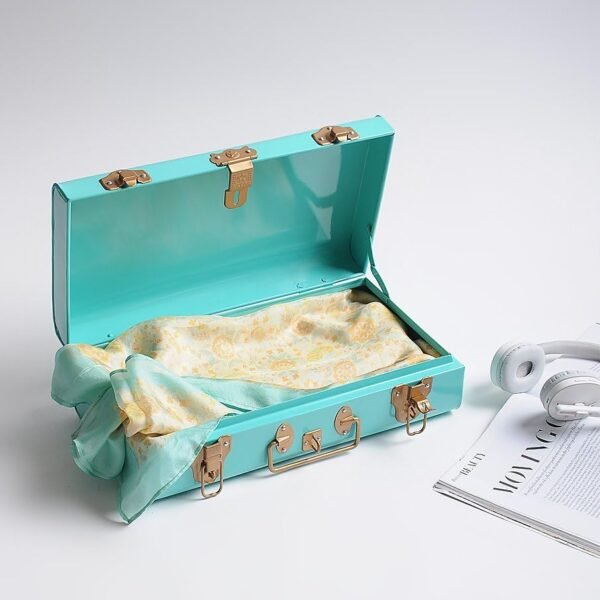 Elan VINTAGE STYLE METAL LONG TRUNK, DECORATIVE BOX, STORAGE CHEST, OFF AQUA WITH GOLD LATCHES