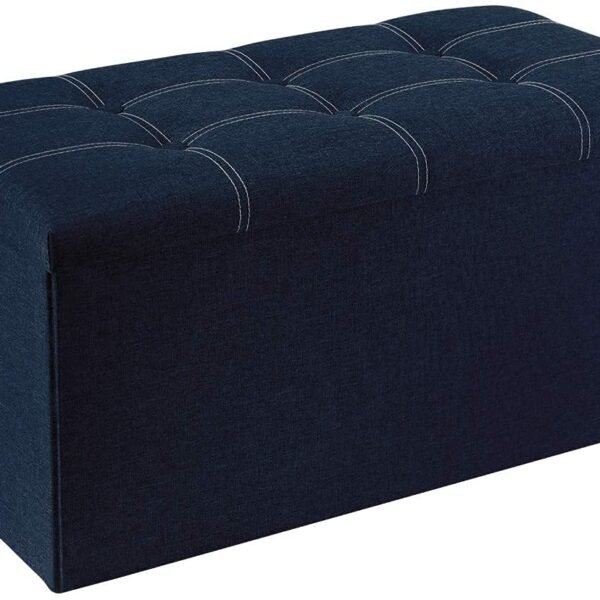 Folding Storage Ottoman, Long Shoes Sofa Bench, Fabric Linen Footrest Stool for Laundry, Storage Space, End of Bed Seat, Toys Storage Organizer Bin Box with Lidded Cover (76X38X38 CM, Blue)