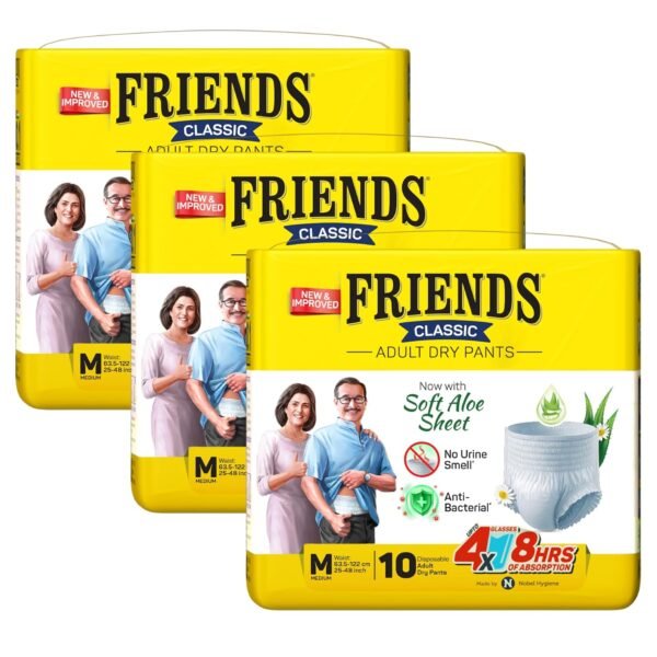 Friends Classic Adult Diaper M Size Pants | 30 Count (Medium) | Waist 25 – 48 inch | Aloe Vera | Unisex | Leakproof | Quick & Even Absorption | Long Protection hours | Brief-Like Fit | Odour Lock | Elastic Waist & Anti-Bacterial Absorbent Core