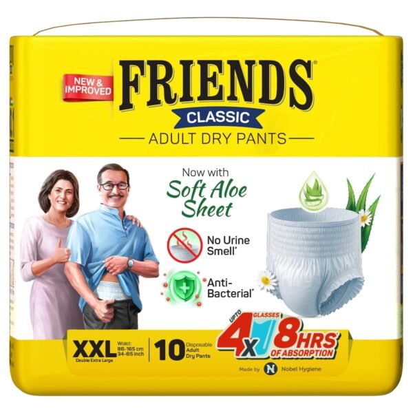Friends Classic Aloe Vera Adult Diaper Pants XXL Size |10 Count (Double Extra Large) | Waist 34-65 inch | Aloe Vera | Unisex | Quick & Even Absorption | Long Protection hours | Brief-Like Fit | Odour Lock | Leakproof | Elastic Waist & Anti-Bacterial Absorbent Core