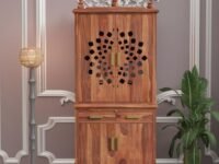 G Fine Furniture 5.8 Feet Long Wooden Temple for Home | Big Pooja Mandir, Puja Ghar with 2 Drawer Storage, 4 Door Cabinet & Dhoop Batti Slider Stand | Solid Wood Sheesham, Honey Finish