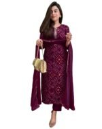 GoSriKi Women's Rayon Blend Straight Bandhej Printed Kurta with Pant & Dupatta