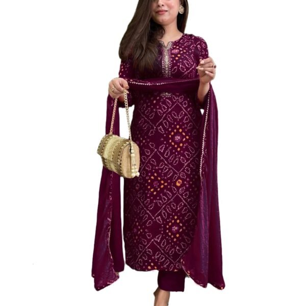 GoSriKi Women's Rayon Blend Straight Bandhej Printed Kurta with Pant & Dupatta