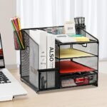 HASTHIP® Metal Mesh Desk Organizer with Multiple Compartments, Drawer &Pen Holder Basket, Office Desk Storage Organizer for Books, Notebooks, Stationery & Supplies