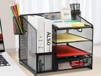 HASTHIP® Metal Mesh Desk Organizer with Multiple Compartments, Drawer &Pen Holder Basket, Office Desk Storage Organizer for Books, Notebooks, Stationery & Supplies