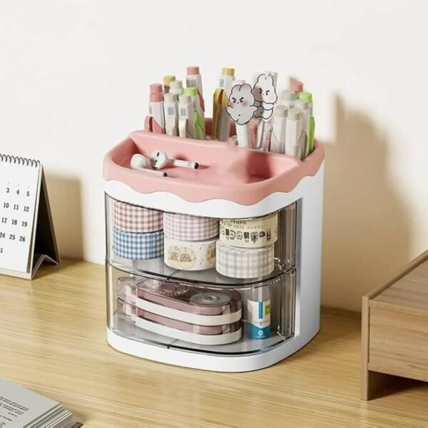 HOME CUBE Plastic Desk Organizer With Drawer Desktop Office Stationery Storage Box Desk Accessories Table Organiser Study Table Office Table Pen Stand- 2035 (Pink)