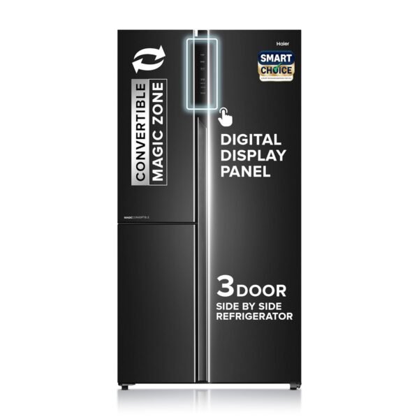 Haier SmartChoice 598L 3 Star 3-Door Side by Side Frost Free Refrigerator | Expert Inverter Technology | Digital Display Panel | Jumbo Ice Maker | Deo Fresh Technology (HRT-683GK, Graphite Black)