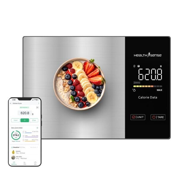 HealthSense Smart Kitchen Weighing Machine for Food|Digital Weight Scale for Home with Nutritional Calculator App 24 Nutrients LED Display Tare Function Stainless Steel Platform |1Year Warranty(KS100)