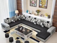 Homeify Carlo 9 Seater Fabric Sofa Set with 4-Puffy Convertible Sofa Set for Living Room (Black)