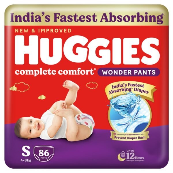 Huggies Complete Comfort Wonder Pants | Pant Style Baby Diapers Small Size (S), 86 Count | India's Fastest Absorbing Diaper, Prevents Diaper Rash, Ideal for 4 to 8 Kgs