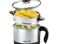 IBELL MPK12M Multipurpose Electric Kettle, 1.2 Litre, 600W, 2 Cooking Pots & Egg Boiler, Temperature Control, For boiling Water, Egg, Stainless Steel Body (Silver)