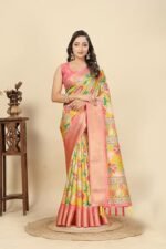 J6 Designers Floral Digital Print Dola Silk Saree with Blouse Piece and Zari Border| Perfect for Festive Occasions | Dola Silk | Silk Saree | Cotton Silk Saree | Silk Saree Collection. (Yellow)