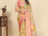 J6 Designers Floral Digital Print Dola Silk Saree with Blouse Piece and Zari Border| Perfect for Festive Occasions | Dola Silk | Silk Saree | Cotton Silk Saree | Silk Saree Collection. (Yellow)