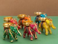 JH Gallery Handcrafted Recycled Material Elephant Tealight Candle Holder Home Decoration Item for Diwali Decor (Multicolor, 8 X 5 X 10 Cm) - Pack of 6