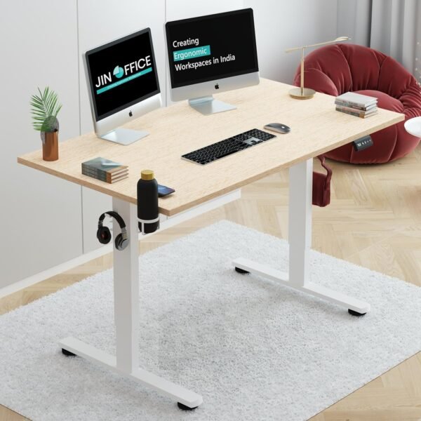 JIN OFFICE Octave Height Adjustable Table Electric| Sit Stand Desk, 2 Year Warranty, 80 Kg Wt. Cap| Standing Desk with Memory Preset, Cup Holder| Stability Crossbar| Maple 1200 * 750mm/25mm Thick Top