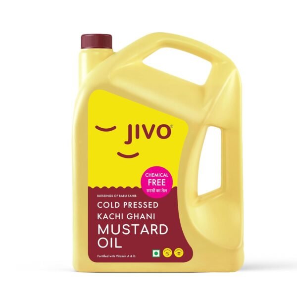 Jivo Premium Cold Pressed Kachi Ghani Mustard Oil, 5 Litre | Contains Omega-3 (ALA) and Vitamin E | Ideal for Cooking, Frying, Pickling & Daily Use |