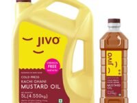 Jivo Premium Cold Pressed Kachi Ghani Pure Mustard Oil, 5 Litre &JIVO Kachi Ghani Chemical Free Mustard Daily Cooking Oil, 1 Liter