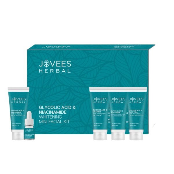 Jovees Herbal Glycolic Acid & Niacinamide Whitening Mini Facial Kit For Brighter & Hydrated Skin | Kit for Improves Uneven Skin Tone, Dark Spots & Dullness 53g (Multiple Use)