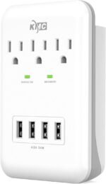 KMC 3-Outlet Wall Mount Surge Protector, 900 Joules, 4 USB 4.8 AMP USB Charging Ports, Phone Holder Cradle for Home, School or Office, ETL Certified