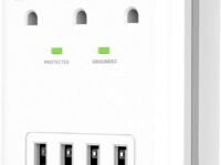 KMC 3-Outlet Wall Mount Surge Protector, 900 Joules, 4 USB 4.8 AMP USB Charging Ports, Phone Holder Cradle for Home, School or Office, ETL Certified