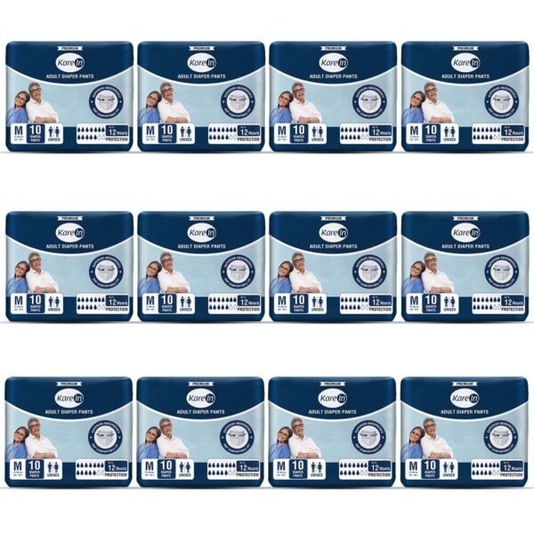 KareIn Premium Adult Diaper Pants, Medium 75-100 Cm (30"- 40"), 120 Count, Unisex, Leakproof, Elastic Waist, Wetness Indicator, Pack of 12