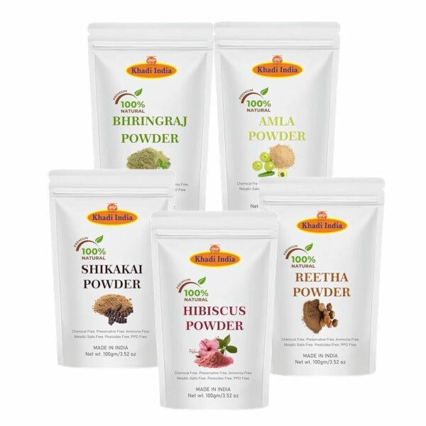 Khadi 100% Herbal Pure Amla Reetha Shikakai, Bhringraj and Hibiscus for Hair |Hibiscus Powder/gudhal powder/gudhal fool powder (Pack of 5,100g each,Total 500g Pack)