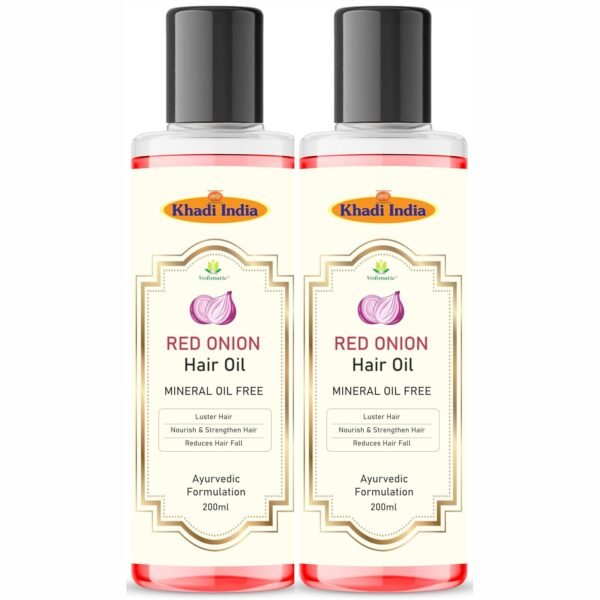 Khadi 100% Pure & Natural Red Onion Herbal Hair Oil Anti Hair Fall Therapeutic Hair Oil 400Ml with khadi india logo