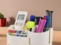 Kuber Industries Aesthetic 360 Degree Rotating Stationery Desk Organiser for Office Table | Stylish Study Room Accessories for Students | Table Organiser, Pen Stand & Holder | Off White