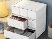 Kuber Industries Stackable Drawer Box Organizer | 3 Drawers Stackable Desktop Organizer | For Office Supplies, Stationery | Countertop Pen Holder | Generic Storage Case| W1943 | White